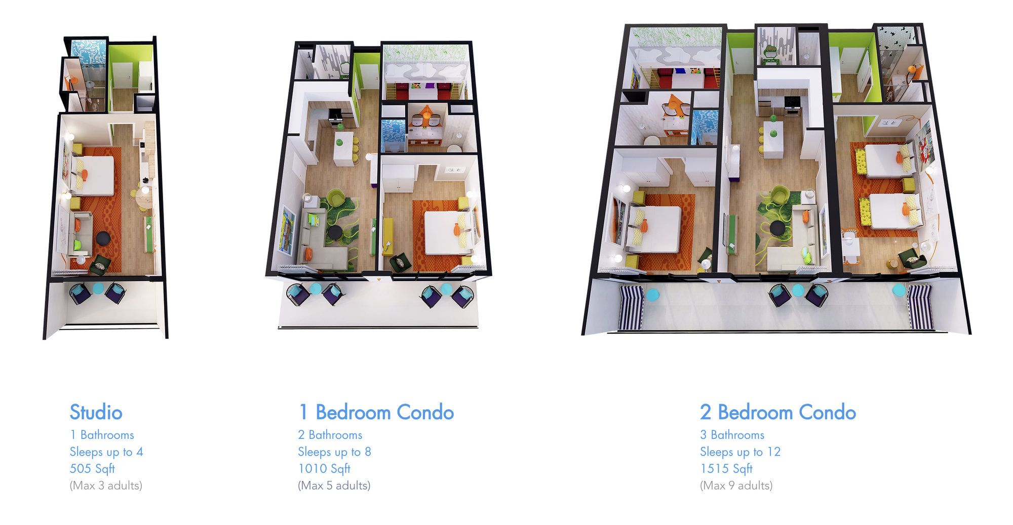 3D floorplan of the three condo options